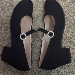 Place Girls Black Mary Jane Short Block Heel with Rhinestone Buckle